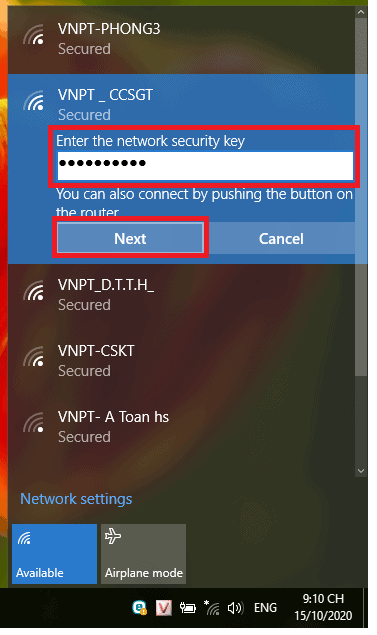 nhập mật khẩu vào ô “Enter the network security key”